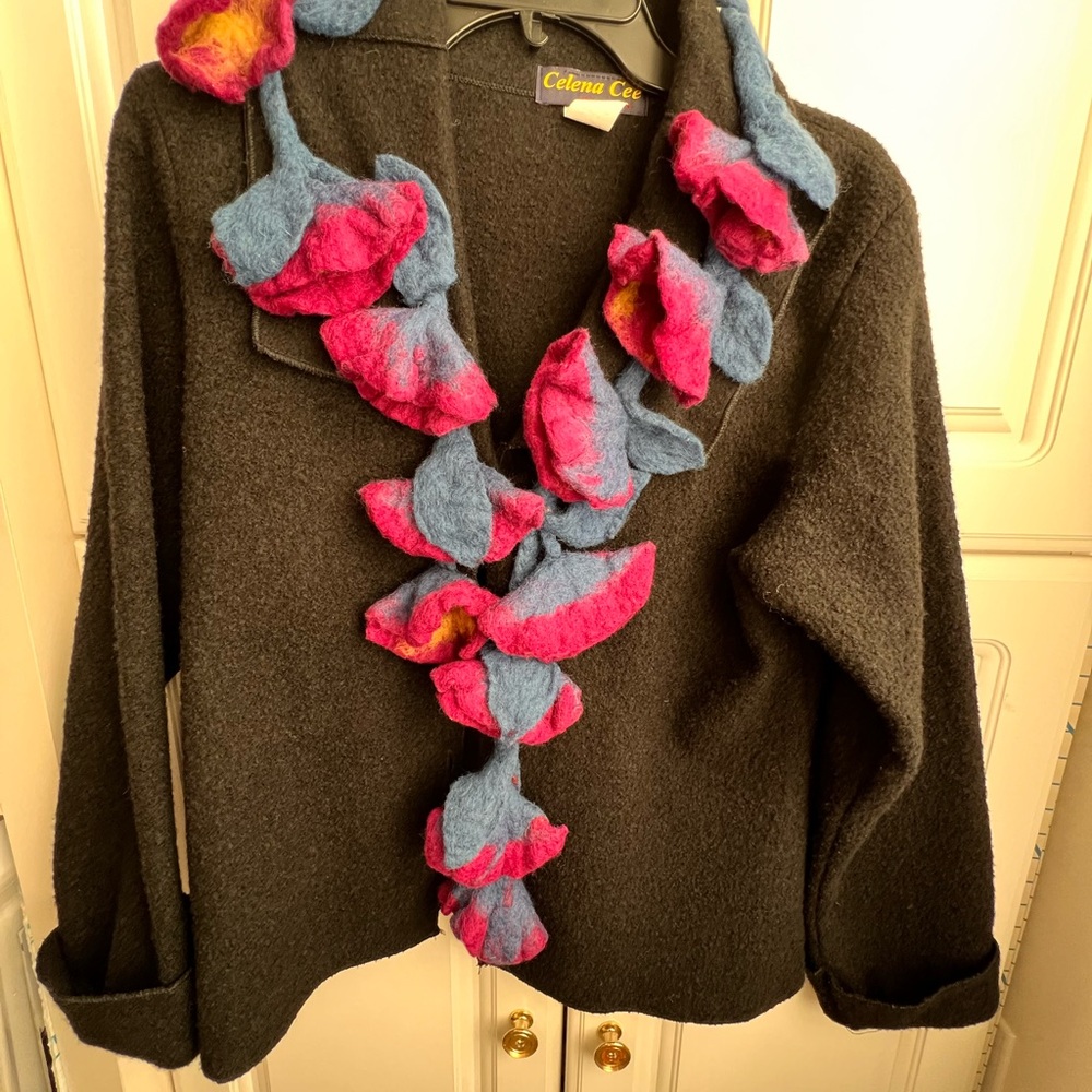 Black and Magenta suit jacket with Colorful Floral Accessory